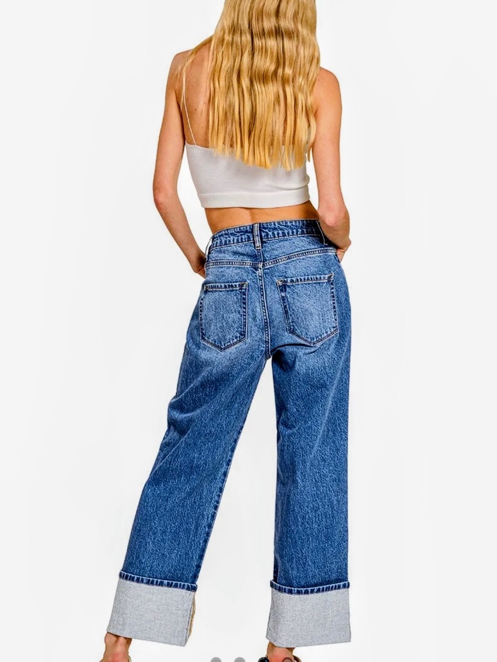 Zenana Outfitters High-Rise Wide-Leg Blue Cuffed Jeans - Picture 3 of 4